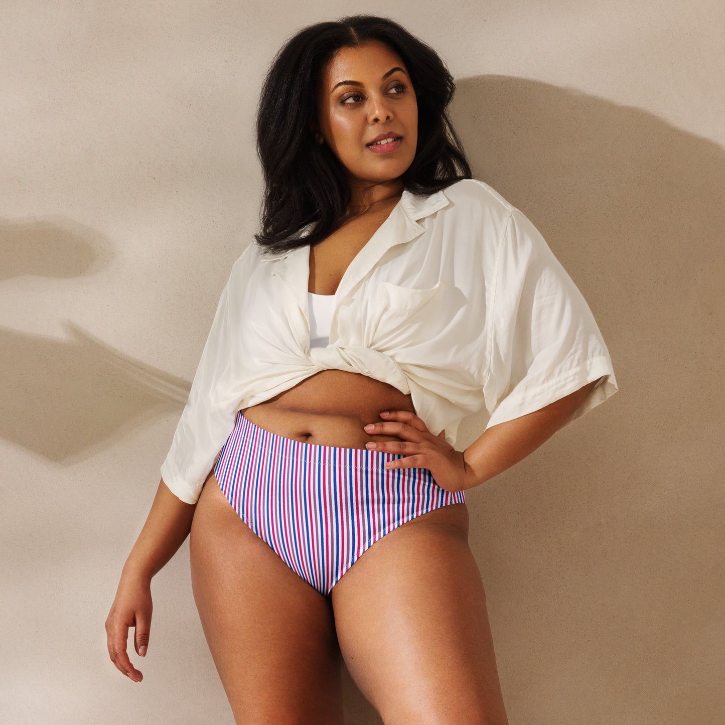 Bisexual Striped High-Waisted Athletic Bikini Bottom