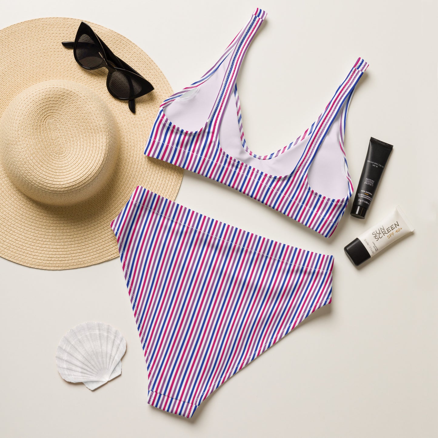 Bisexual Striped High-Waisted Athletic Bikini Bottom