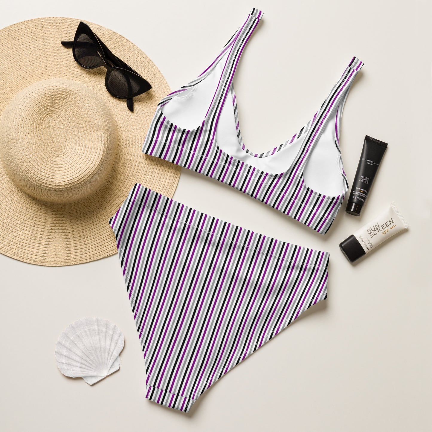 Asexual Striped High-Waisted Athletic Bikini Bottom